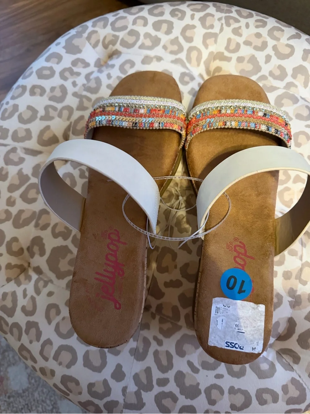 Jellypop Cream Slide Sandals with Multicolor Beaded Toe Strap